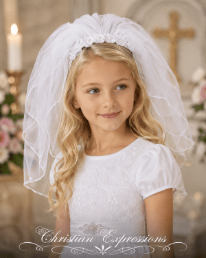 First Communion Headband Veil with Lace and Pearls