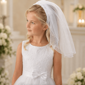 First Communion Headband Veil with Organza Flowers and Pearls