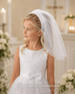 First Communion Headband Veil with Organza Flowers and Pearls