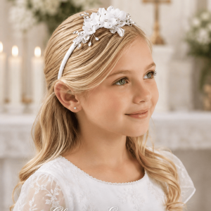 First Communion Headband with Pearls and Crystal Leaves