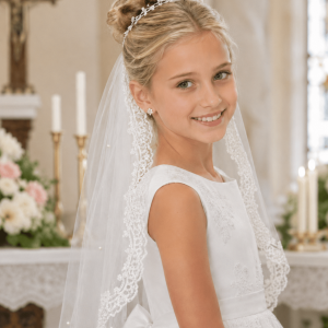 First Communion Lace Mantilla Veil with Scattered Pearls