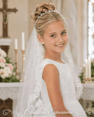First Communion Lace Mantilla Veil with Scattered Pearls