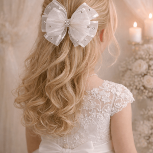 Girls First Communion Bow with Rhinestones Hair Clip