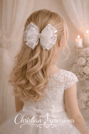 Girls First Communion Bow with Rhinestones Hair Clip
