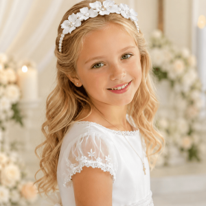 Girls First Communion Pearl Headpiece with Satin Flower Accents & Rhinestone Centers
