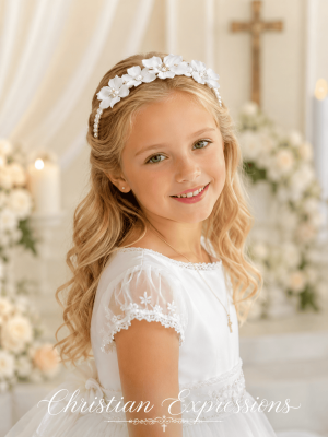 Girls First Communion Pearl Headpiece with Satin Flower Accents & Rhinestone Centers