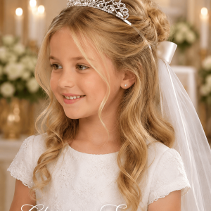 First Communion Rhinestone Tiara with Attached Veil