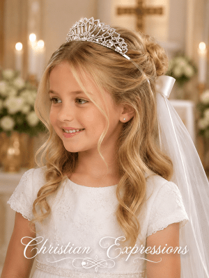 First Communion Rhinestone Tiara with Attached Veil