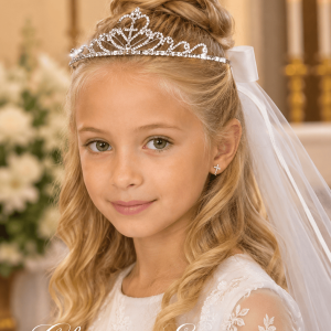 First Communion Rhinestone Tiara with Cross and Veil