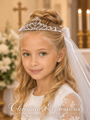 First Communion Rhinestone Tiara with Cross and Veil
