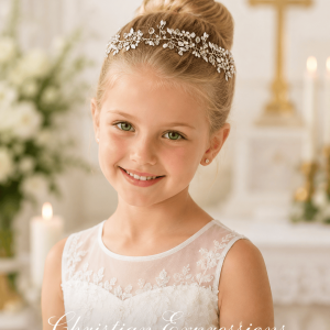 First Communion Sparkling Rhinestone Floral Headpiece with Satin Ties