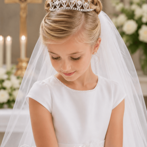 First Communion Tiara with Rhinestones and Pearl Flowers