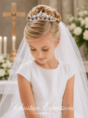First Communion Tiara with Rhinestones and Pearl Flowers