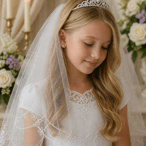 First Communion Veil with Embroidered Scalloped Trim