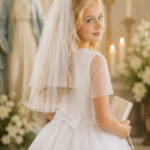 First Communion Veil with Clear Cylinder and Seed Beads