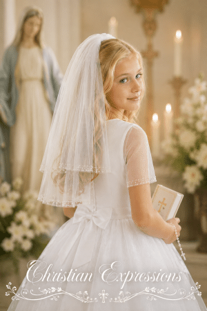 First Communion Veil with Clear Cylinder and Seed Beads