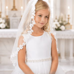 First Communion Veil with Floral Appliqué and Rhinestone Accents