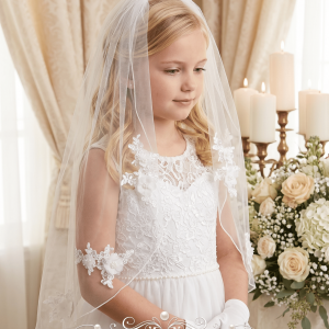 Girls First Communion Veil with Floral Lace Motif
