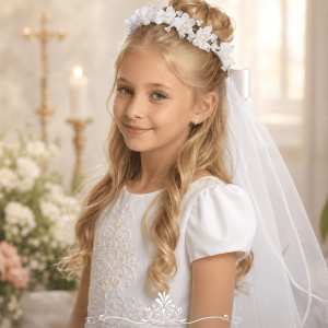 First Communion Veil with Organza Flowers, Pearls and Rhinestones