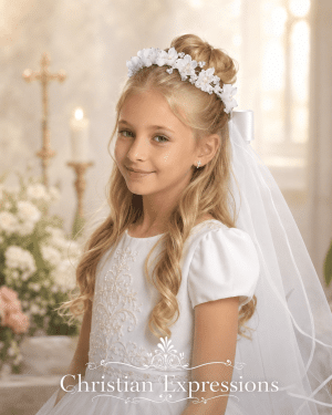 First Communion Veil with Organza Flowers, Pearls and Rhinestones