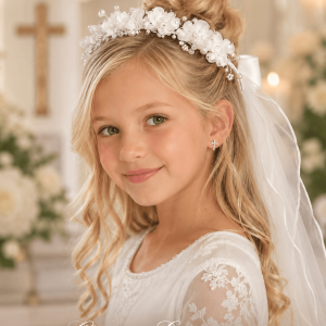 First Communion Veil with Organza and Satin Flowers