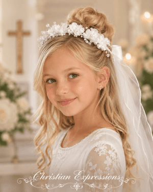 First Communion Veil with Organza and Satin Flowers