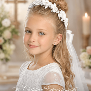 First Communion Veil with Satin Flowers, Rhinestones and Pearls