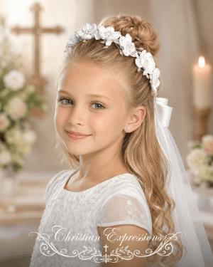 First Communion Veil with Satin Flowers, Rhinestones and Pearls