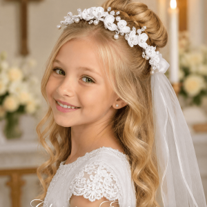 First Communion Veil with Satin Flowers and Rhinestone Accents