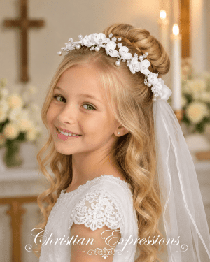 First Communion Veil with Satin Flowers and Rhinestone Accents