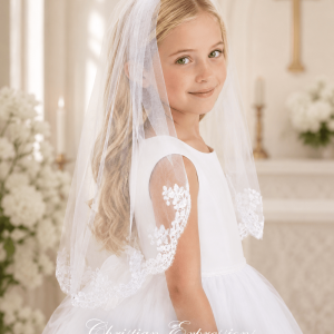 First Communion Veil with Scalloped Lace Trim