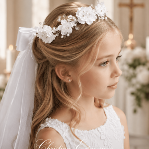 Flower Crown First Communion Veil with Satin Bow