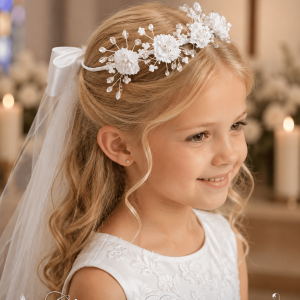 Flower Crown Wreath First Communion Veil with Satin Bow