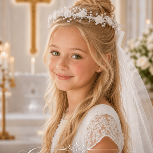 First Communion Wreath Veil with Corded Flowers