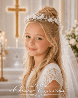 First Communion Wreath Veil with Corded Flowers