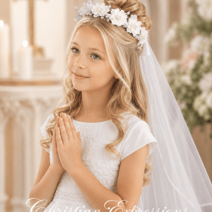 First Communion Wreath Veil with Corded Flowers Pearls