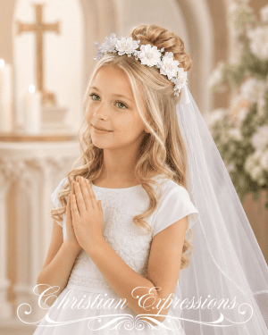 First Communion Wreath Veil with Corded Flowers Pearls
