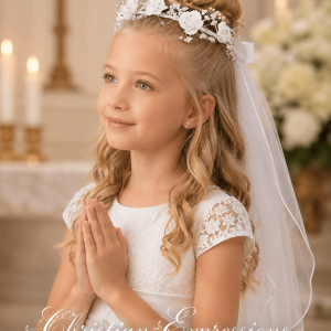 First Communion Wreath Veil with Corded Flowers and Pearls