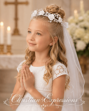 First Communion Wreath Veil with Corded Flowers and Pearls
