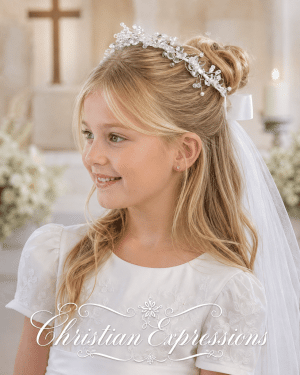 First Communion Wreath Veil with Crystal Flowers Beads