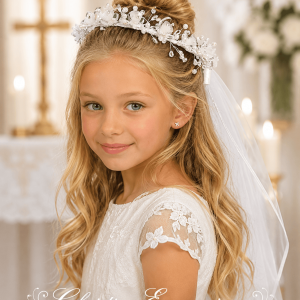 First Communion Wreath Veil with Crystal and Organza Flowers