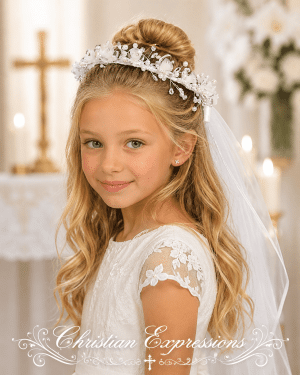 First Communion Wreath Veil with Crystal and Organza Flowers