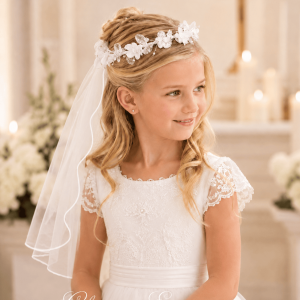 First Communion Wreath Veil with Flowers Pearls and Crystals
