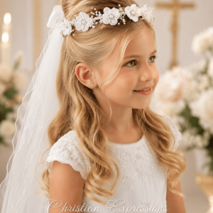 First Communion Wreath Veil with Large Pearl-Center Flowers