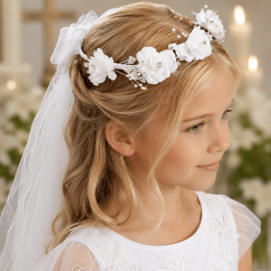 First Communion Wreath Veil with Large Satin Flowers and Rhinestone Accents