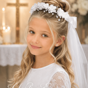 First Communion Wreath Veil with Organza Flowers