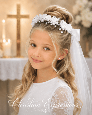 First Communion Wreath Veil with Organza Flowers