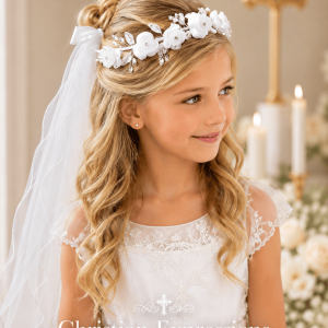 First Communion Wreath Veil with Organza Flowers Crystal Accents and Leaves