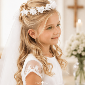 First Communion Wreath Veil with Organza Flowers Crystals and Pearls