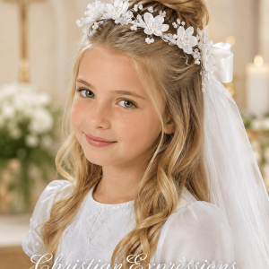 First Communion Wreath Veil with Organza Flowers Pearls